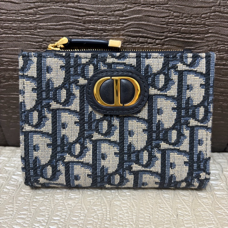 Dior 藍提花布金釦 Montaigne 30對釦短夾-0