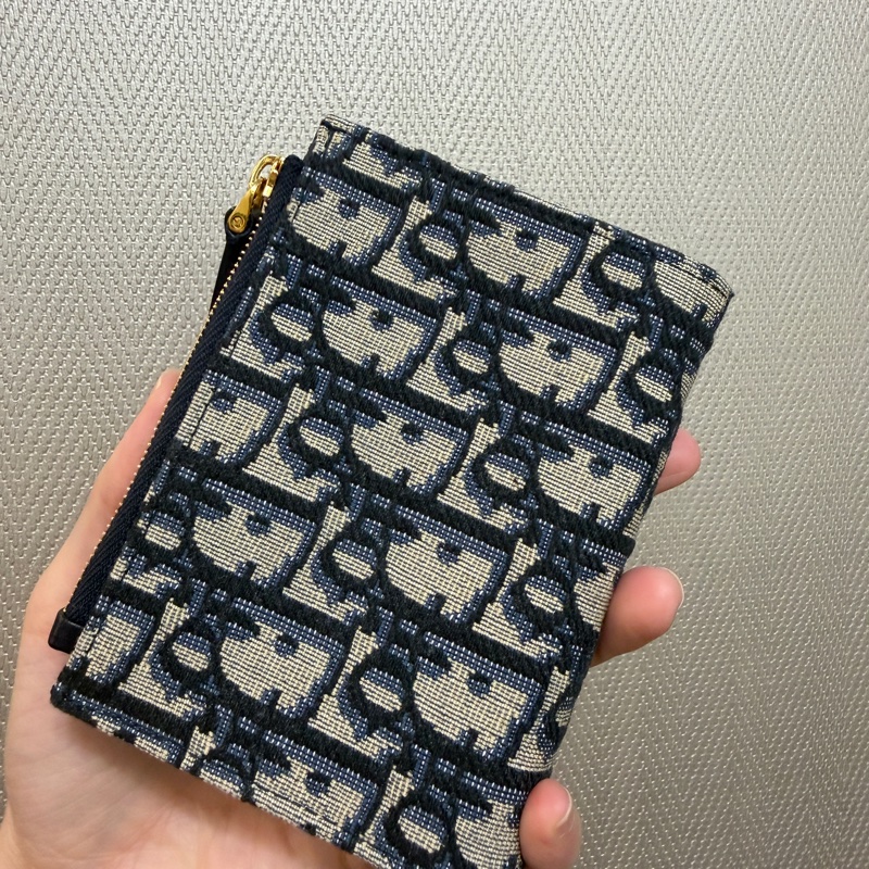 Dior 藍提花布Montaigne 30 Dahlia對釦短夾-5