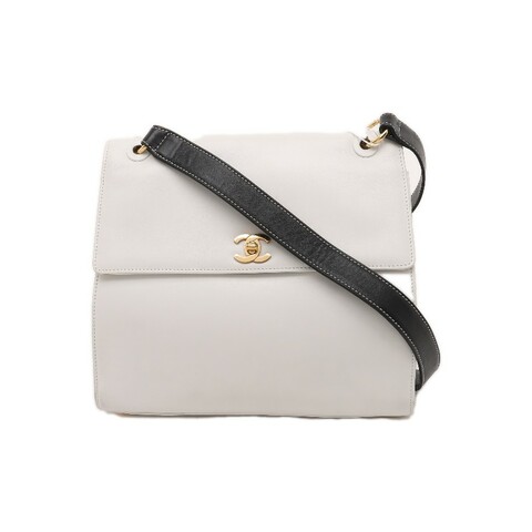 CHANEL 白色牛皮單肩包 金色五金 中古款