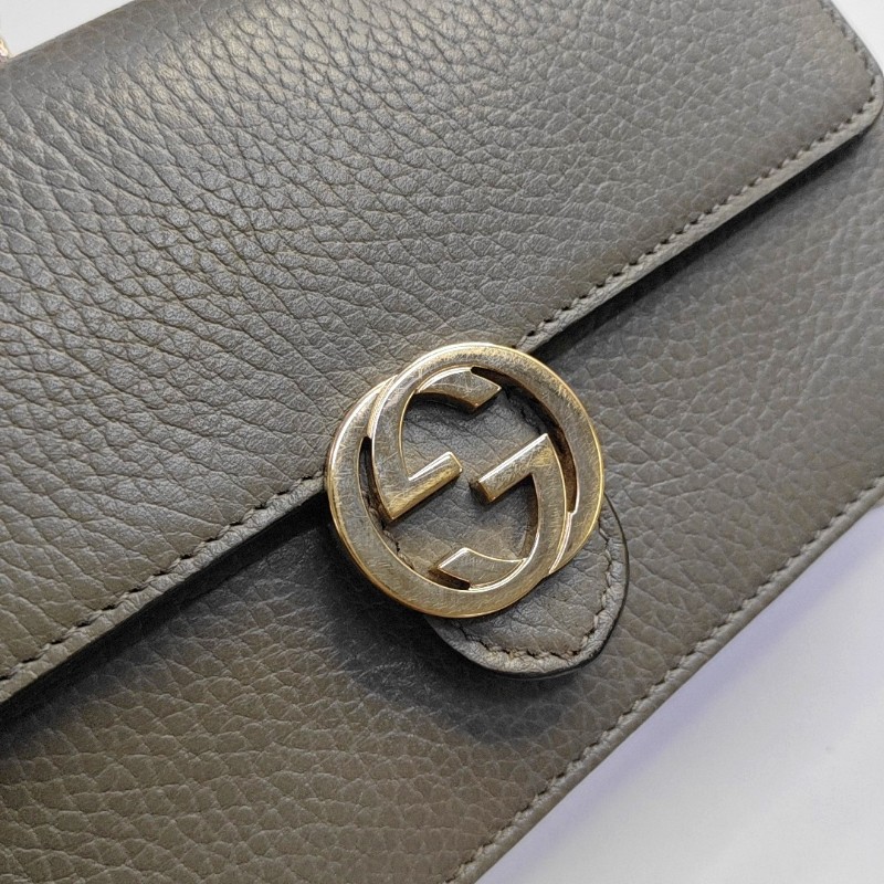 GUCCI Interlocking G 灰色牛皮斜挎包手提包單肩包 金色五金 可拆卸肩帶-7