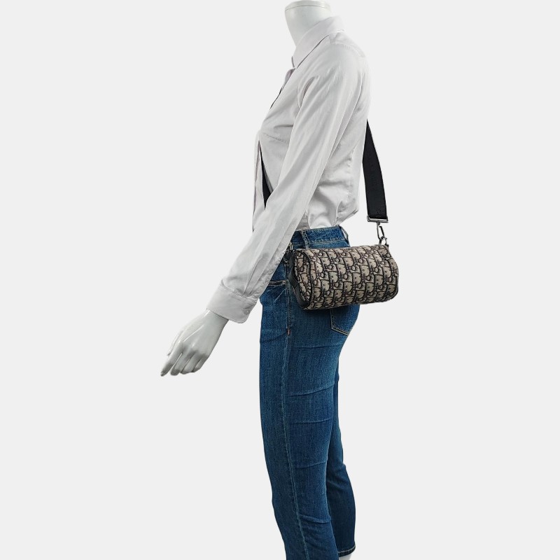 DIOR卡其色帆布老花提花斜挎包手提包單肩包 銀色五金 2條可拆卸肩帶 配件齊全 9.9新-1