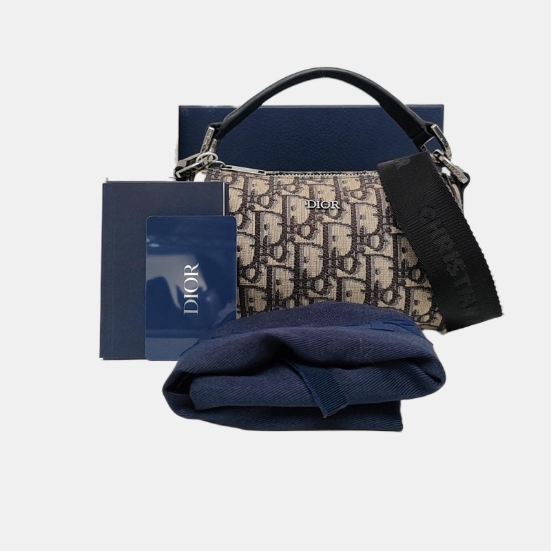 DIOR卡其色帆布老花提花斜挎包手提包單肩包 銀色五金 2條可拆卸肩帶 配件齊全 9.9新-7