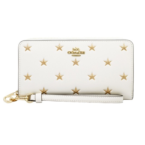 COACH 經典馬車LOGO 金色星星印花圖案 12卡拉鍊長夾 白色