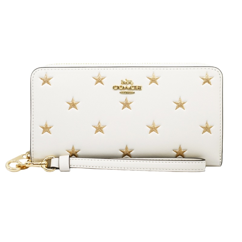 COACH 經典馬車LOGO 金色星星印花圖案 12卡拉鍊長夾 白色-0