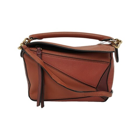 LOEWE Puzzle 迷你 棕色牛皮幾何包單肩包手提包斜挎包 金色五金 可拆卸肩帶 9.5新