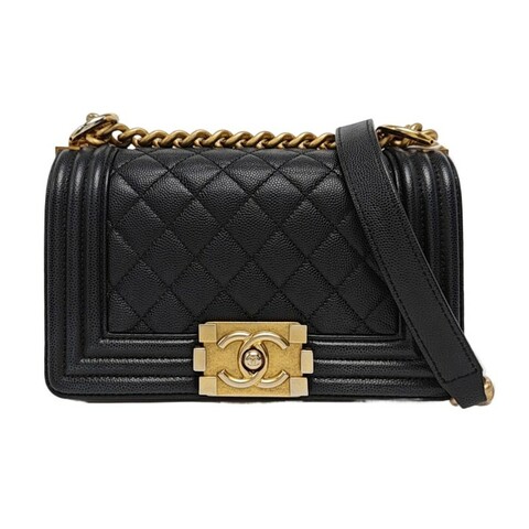 CHANEL BOY CHANEL 小號 黑色荔枝紋牛皮菱格紋斜挎包單肩包 金色五金 30開 可拆卸肩帶 9.5新