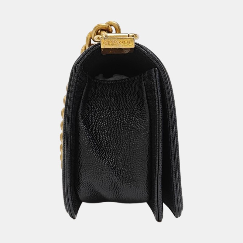 CHANEL BOY CHANEL 小號 黑色荔枝紋牛皮菱格紋斜挎包單肩包 金色五金 30開 可拆卸肩帶 9.5新-3