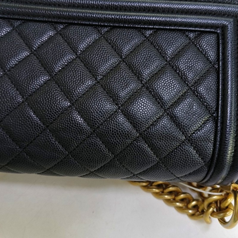 CHANEL BOY CHANEL 小號 黑色荔枝紋牛皮菱格紋斜挎包單肩包 金色五金 30開 可拆卸肩帶 9.5新-12