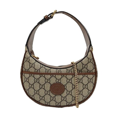 GUCCI Retro 棕色塗層帆布老花單肩包手提包 金色五金 可拆卸肩帶 9.8新