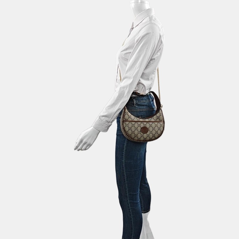 GUCCI Retro 棕色塗層帆布老花單肩包手提包 金色五金 可拆卸肩帶 9.8新-1