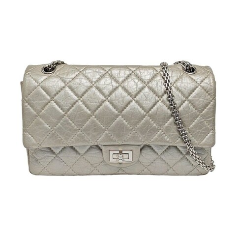 CHANEL 2.55大號 香檳色牛皮菱格紋絎縫斜挎包單肩包 銀色五金 15開