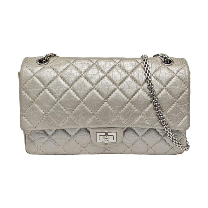 CHANEL 2.55大號 香檳色牛皮菱格紋絎縫斜挎包單肩包 銀色五金 15開-0