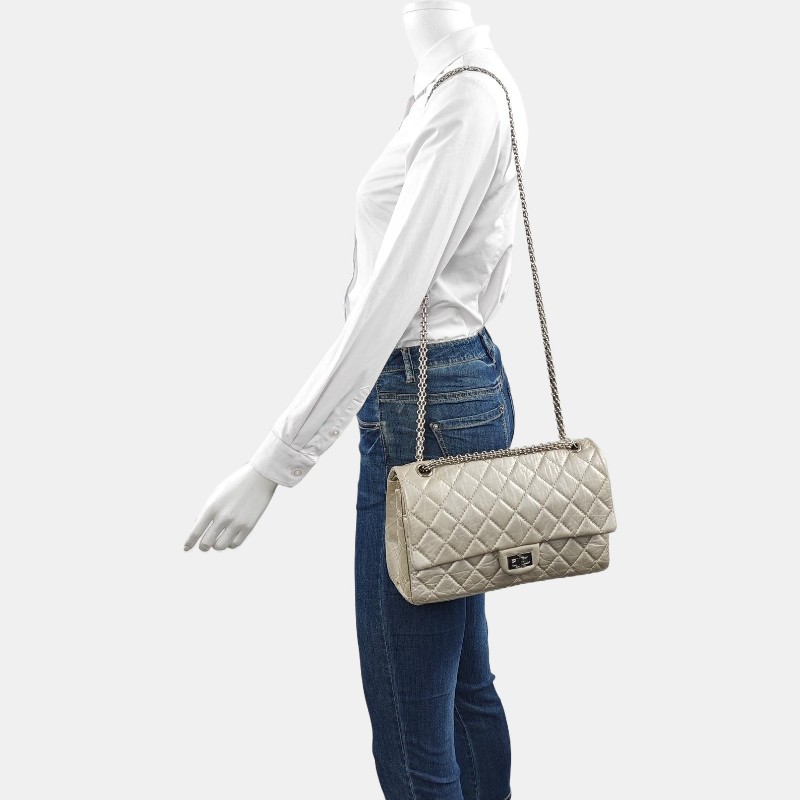 CHANEL 2.55大號 香檳色牛皮菱格紋絎縫斜挎包單肩包 銀色五金 15開-1