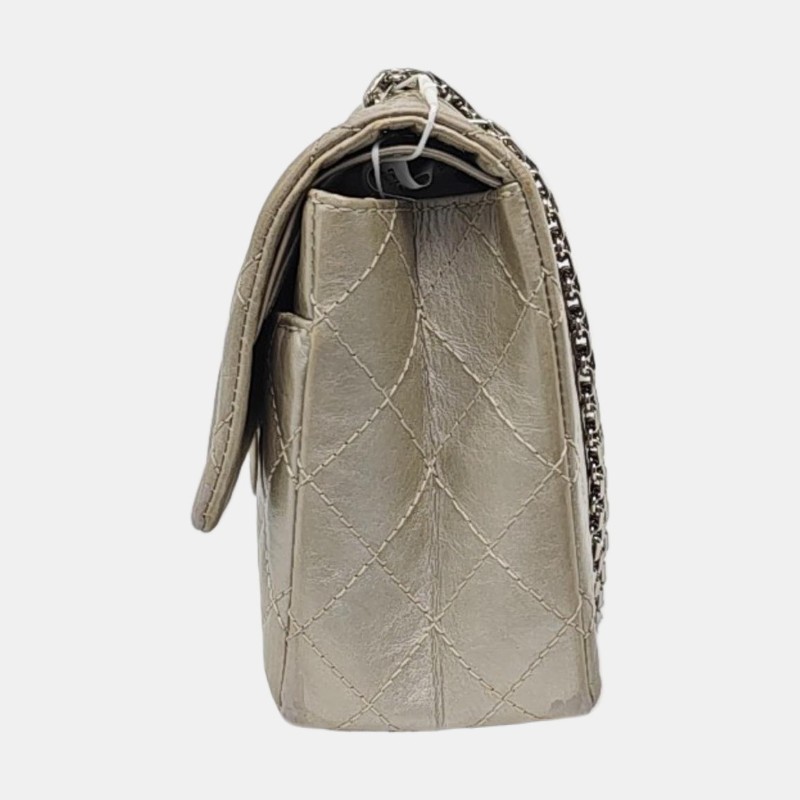 CHANEL 2.55大號 香檳色牛皮菱格紋絎縫斜挎包單肩包 銀色五金 15開-2