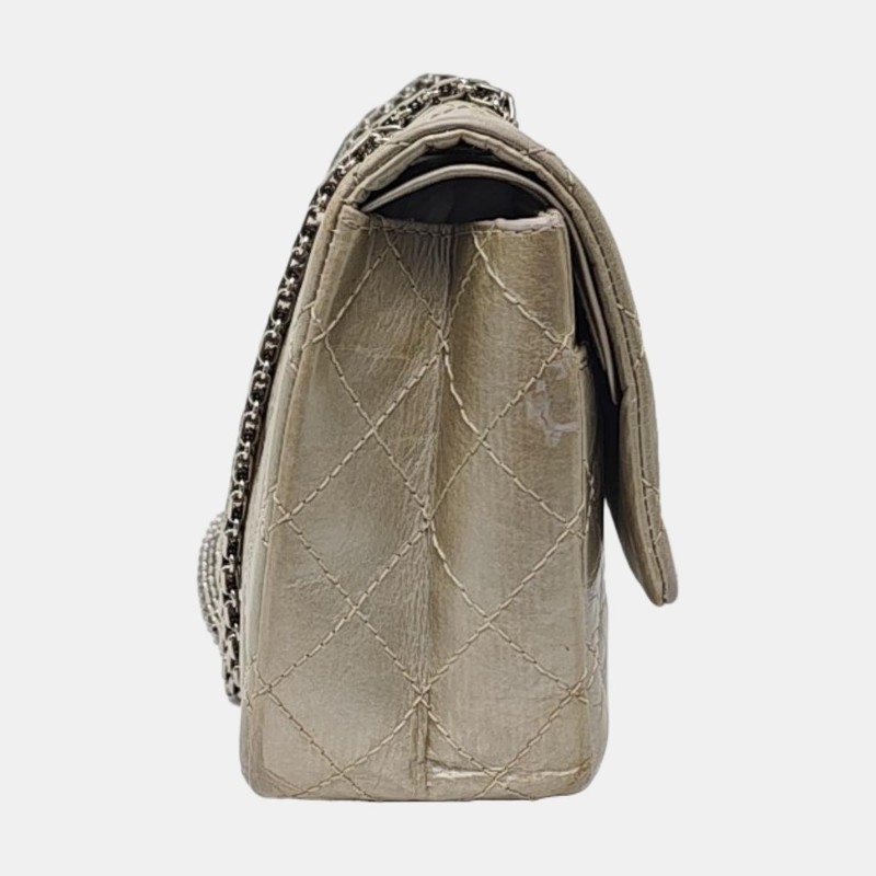 CHANEL 2.55大號 香檳色牛皮菱格紋絎縫斜挎包單肩包 銀色五金 15開-3