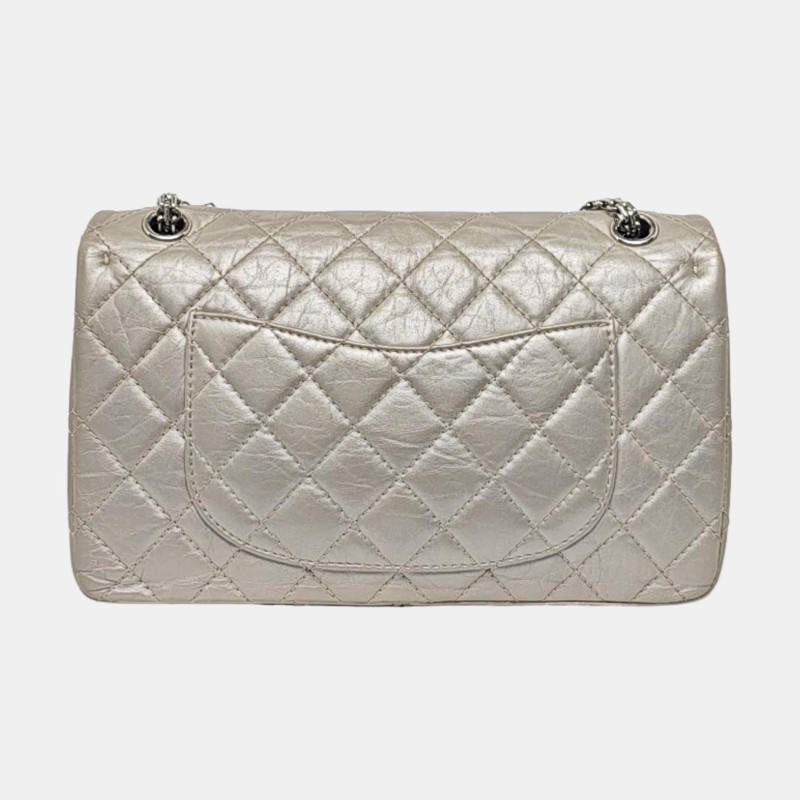 CHANEL 2.55大號 香檳色牛皮菱格紋絎縫斜挎包單肩包 銀色五金 15開-4