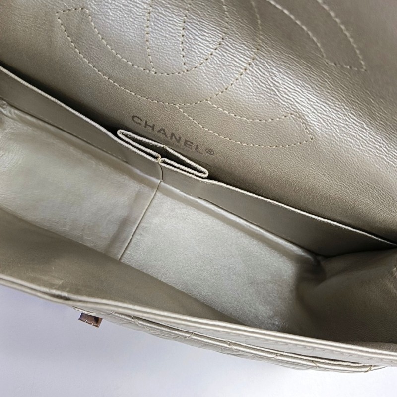 CHANEL 2.55大號 香檳色牛皮菱格紋絎縫斜挎包單肩包 銀色五金 15開-6