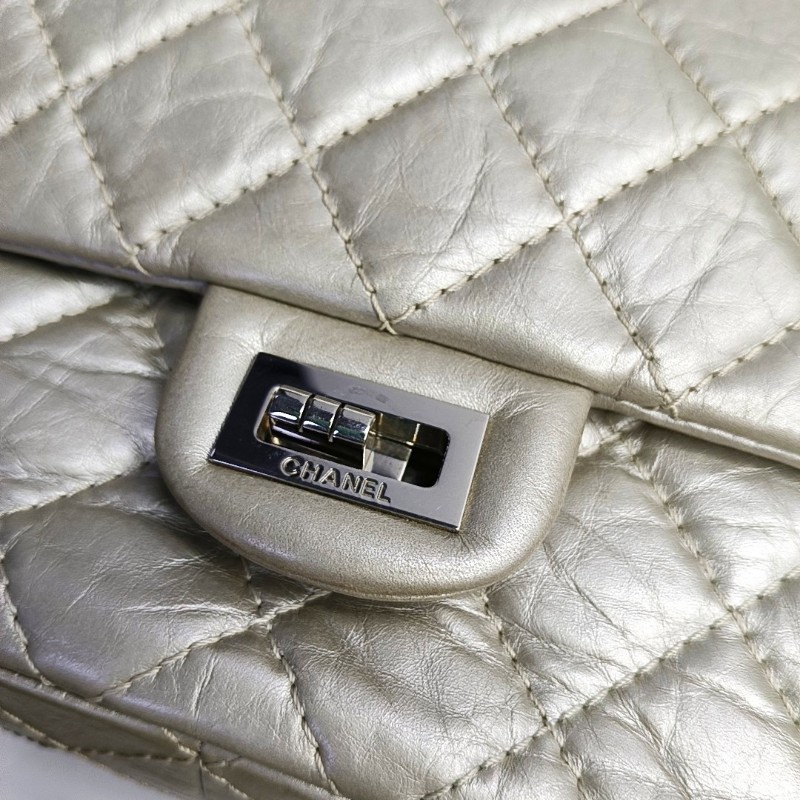 CHANEL 2.55大號 香檳色牛皮菱格紋絎縫斜挎包單肩包 銀色五金 15開-7