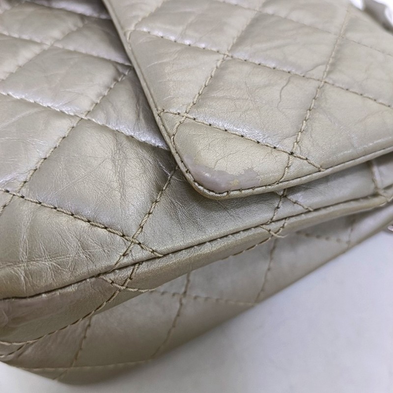 CHANEL 2.55大號 香檳色牛皮菱格紋絎縫斜挎包單肩包 銀色五金 15開-8