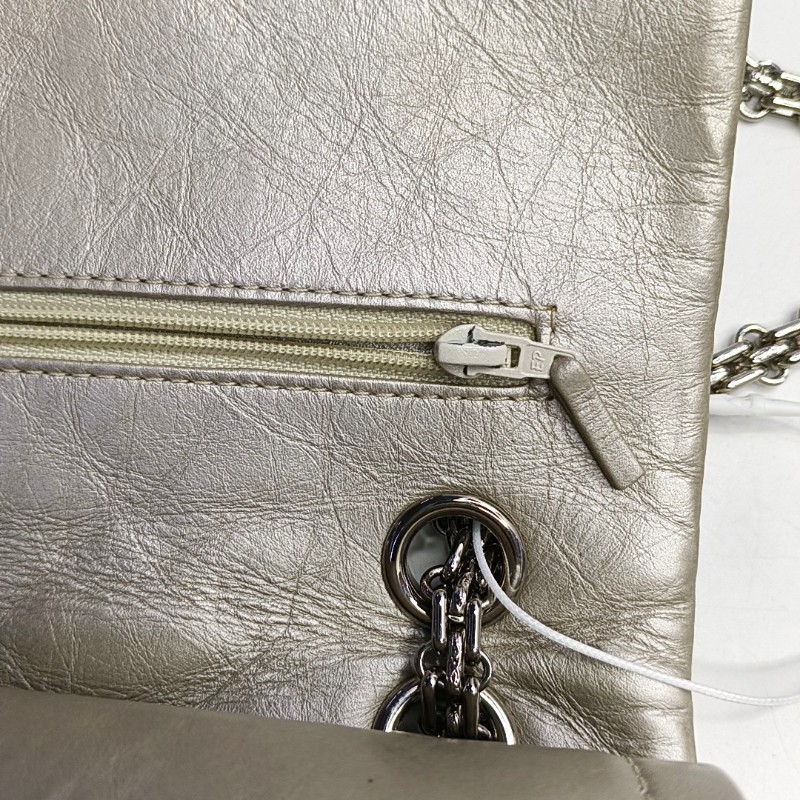 CHANEL 2.55大號 香檳色牛皮菱格紋絎縫斜挎包單肩包 銀色五金 15開-9