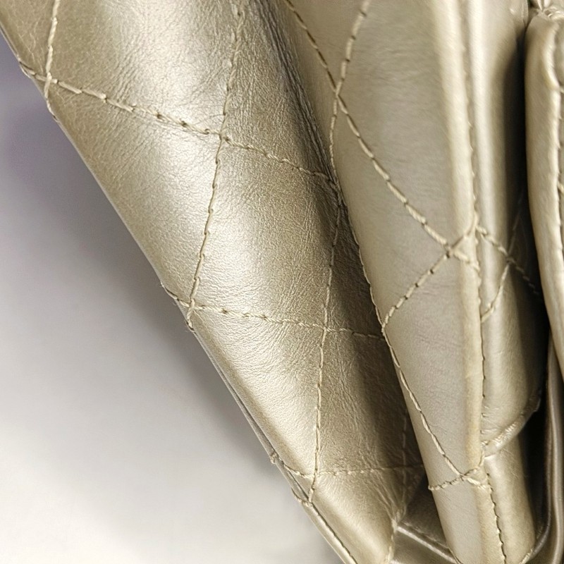 CHANEL 2.55大號 香檳色牛皮菱格紋絎縫斜挎包單肩包 銀色五金 15開-10