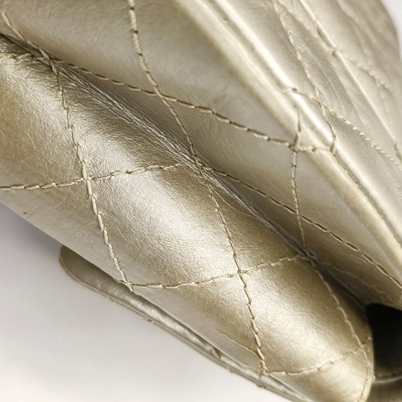 CHANEL 2.55大號 香檳色牛皮菱格紋絎縫斜挎包單肩包 銀色五金 15開-11