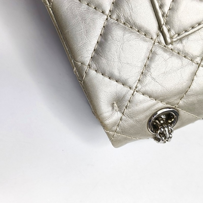 CHANEL 2.55大號 香檳色牛皮菱格紋絎縫斜挎包單肩包 銀色五金 15開-12