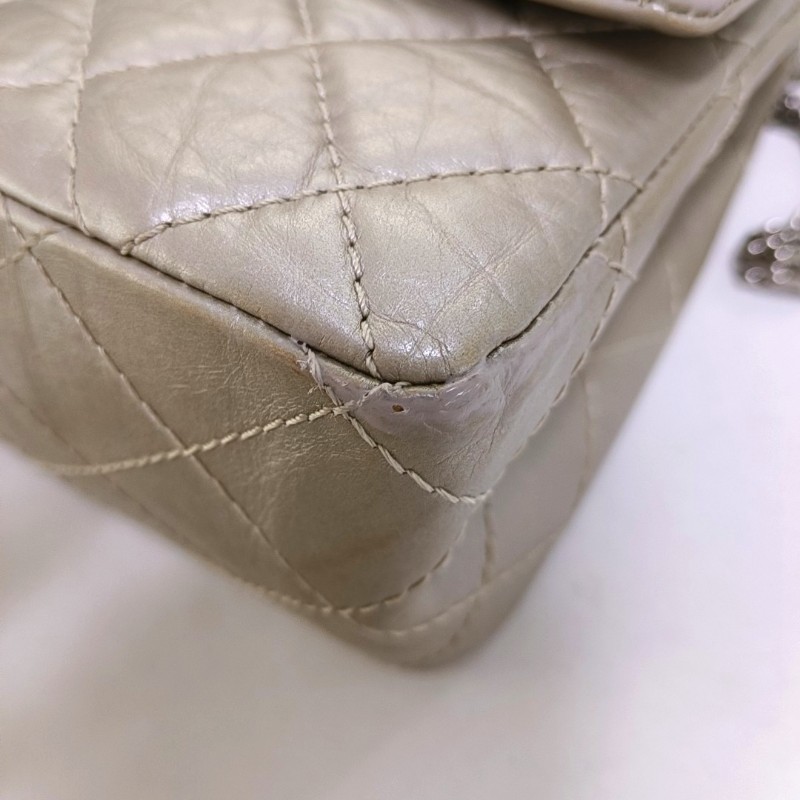 CHANEL 2.55大號 香檳色牛皮菱格紋絎縫斜挎包單肩包 銀色五金 15開-13