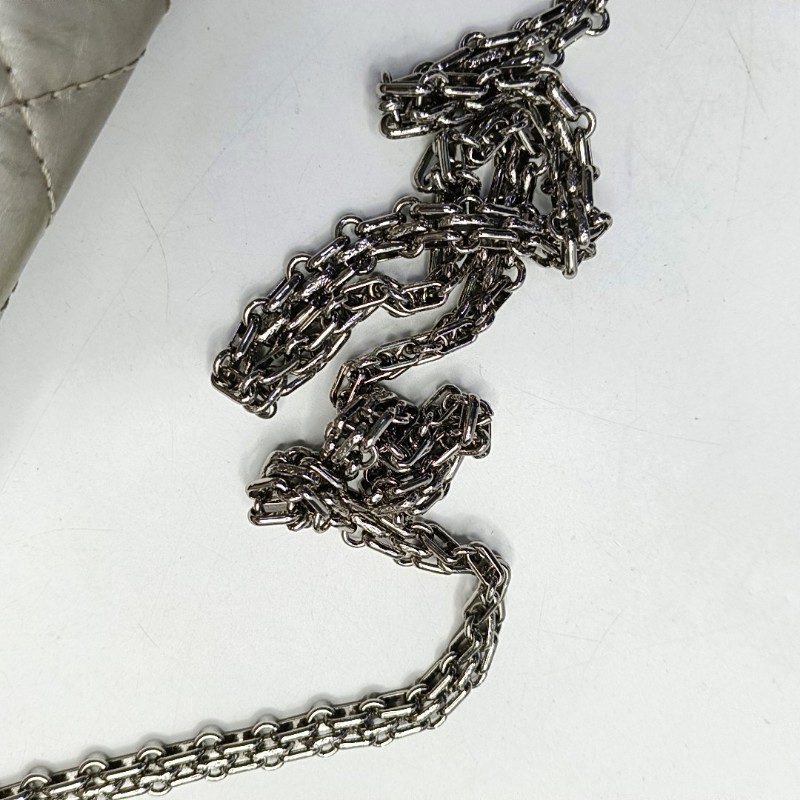 CHANEL 2.55大號 香檳色牛皮菱格紋絎縫斜挎包單肩包 銀色五金 15開-17