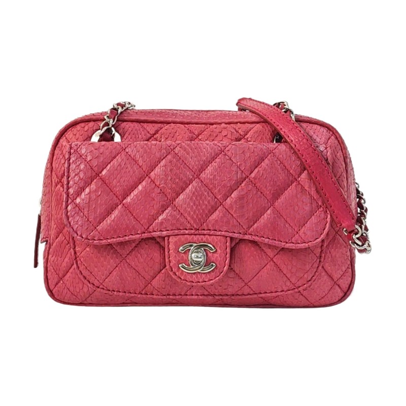 CHANEL 粉紅色蛇皮菱格紋絎縫單肩包 銀色五金 17開 9.8新-0