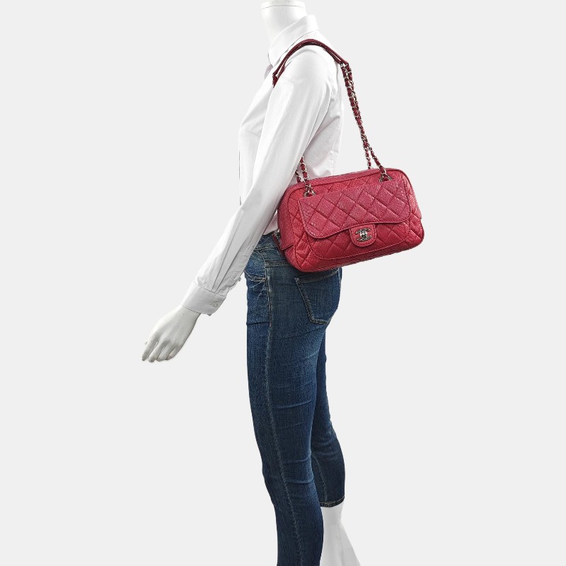 CHANEL 粉紅色蛇皮菱格紋絎縫單肩包 銀色五金 17開 9.8新-1