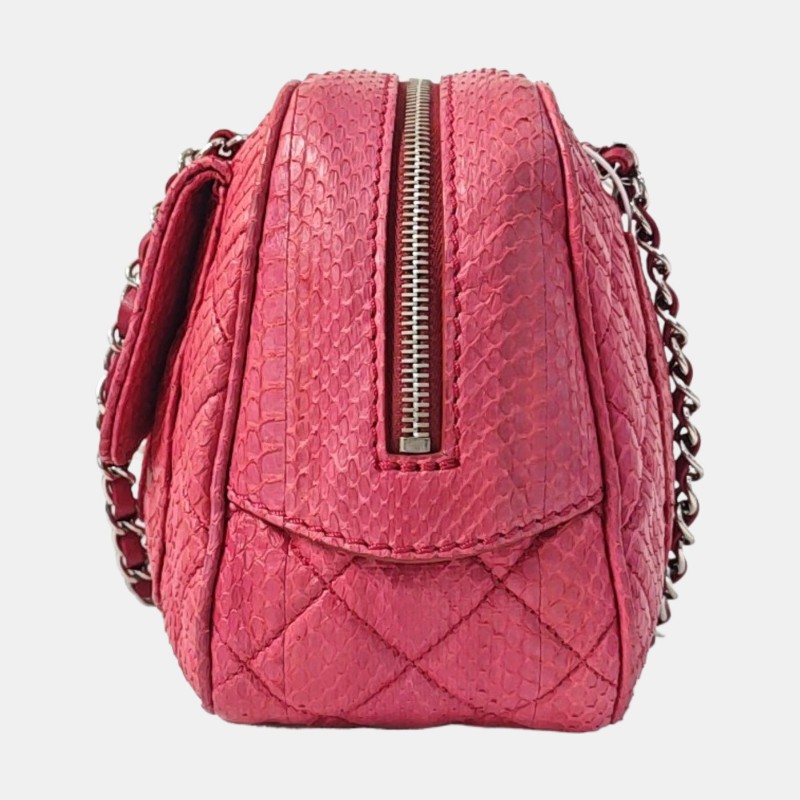 CHANEL 粉紅色蛇皮菱格紋絎縫單肩包 銀色五金 17開 9.8新-2