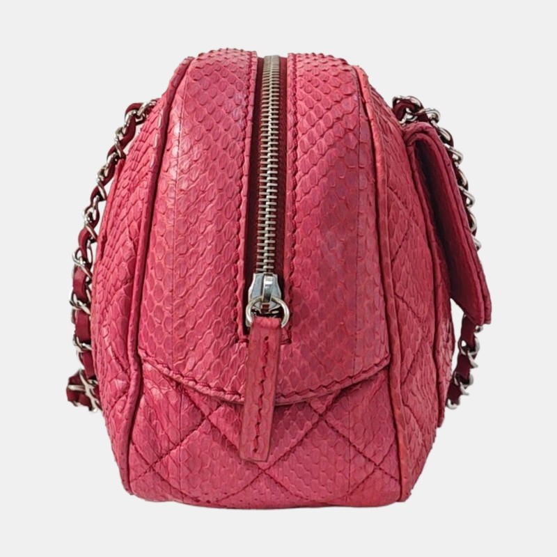 CHANEL 粉紅色蛇皮菱格紋絎縫單肩包 銀色五金 17開 9.8新-3
