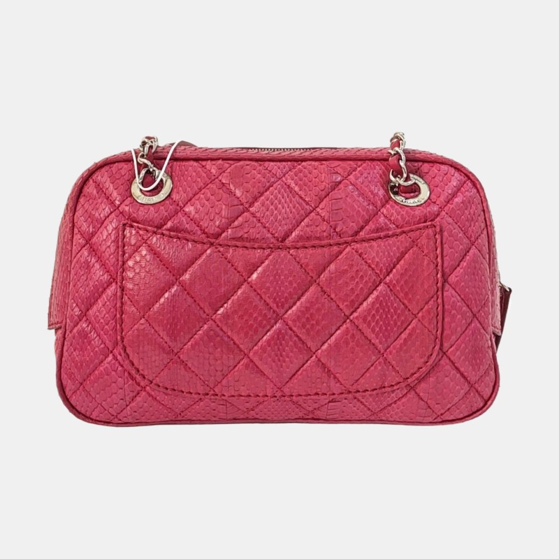 CHANEL 粉紅色蛇皮菱格紋絎縫單肩包 銀色五金 17開 9.8新-4