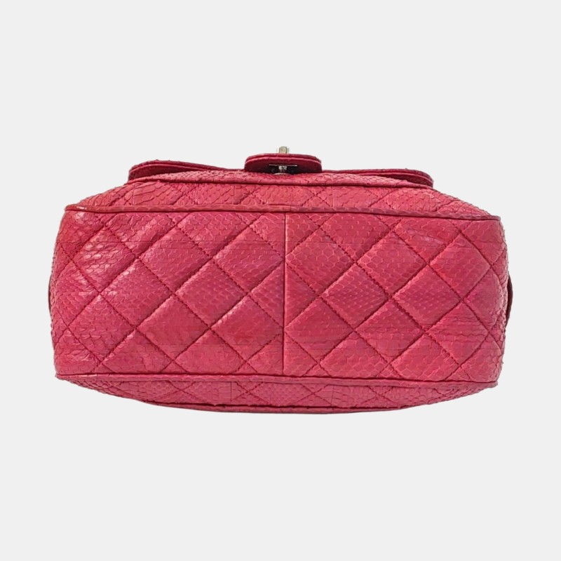 CHANEL 粉紅色蛇皮菱格紋絎縫單肩包 銀色五金 17開 9.8新-5