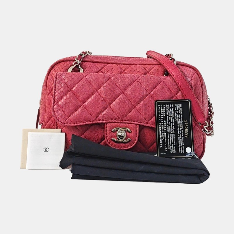 CHANEL 粉紅色蛇皮菱格紋絎縫單肩包 銀色五金 17開 9.8新-7