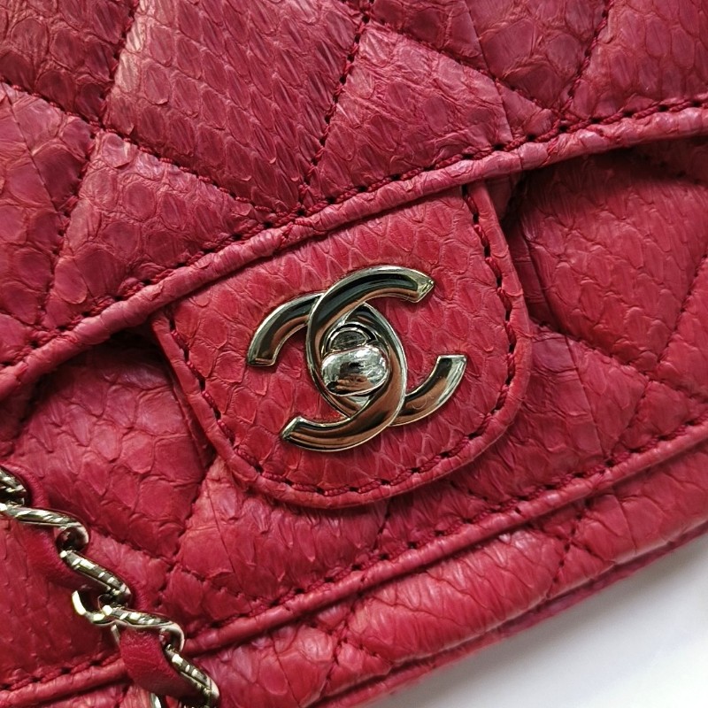 CHANEL 粉紅色蛇皮菱格紋絎縫單肩包 銀色五金 17開 9.8新-8