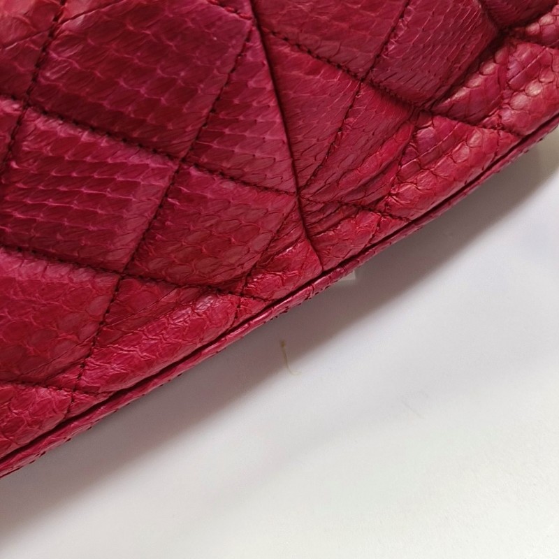 CHANEL 粉紅色蛇皮菱格紋絎縫單肩包 銀色五金 17開 9.8新-9