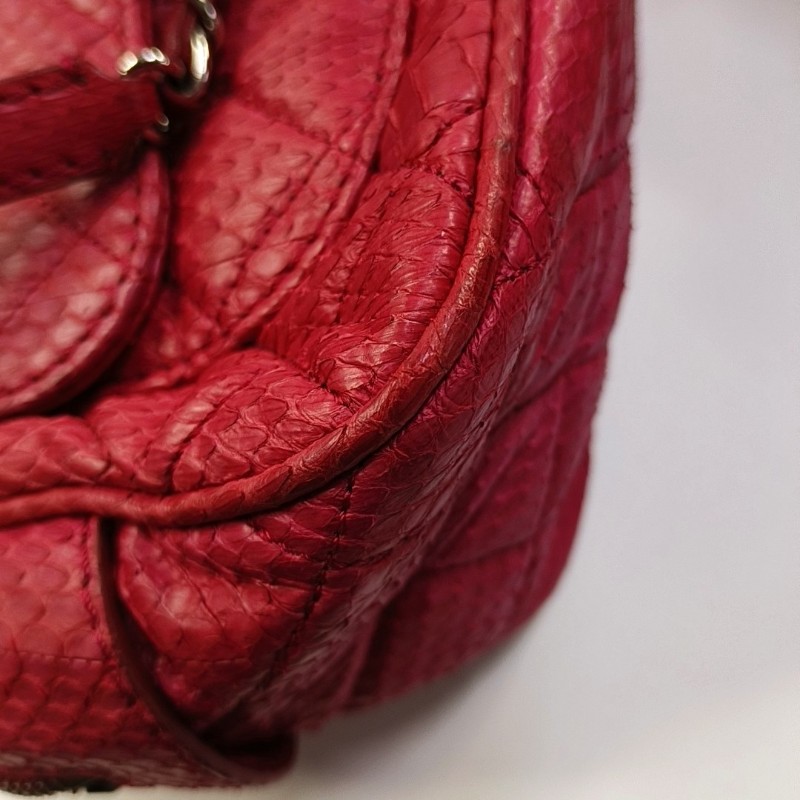 CHANEL 粉紅色蛇皮菱格紋絎縫單肩包 銀色五金 17開 9.8新-10