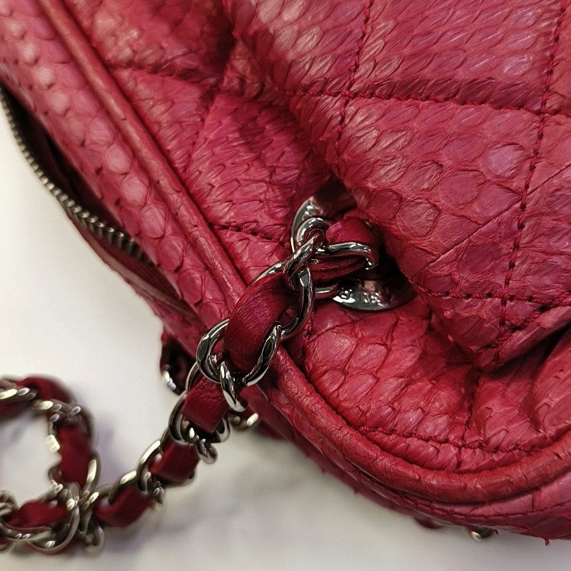 CHANEL 粉紅色蛇皮菱格紋絎縫單肩包 銀色五金 17開 9.8新-13