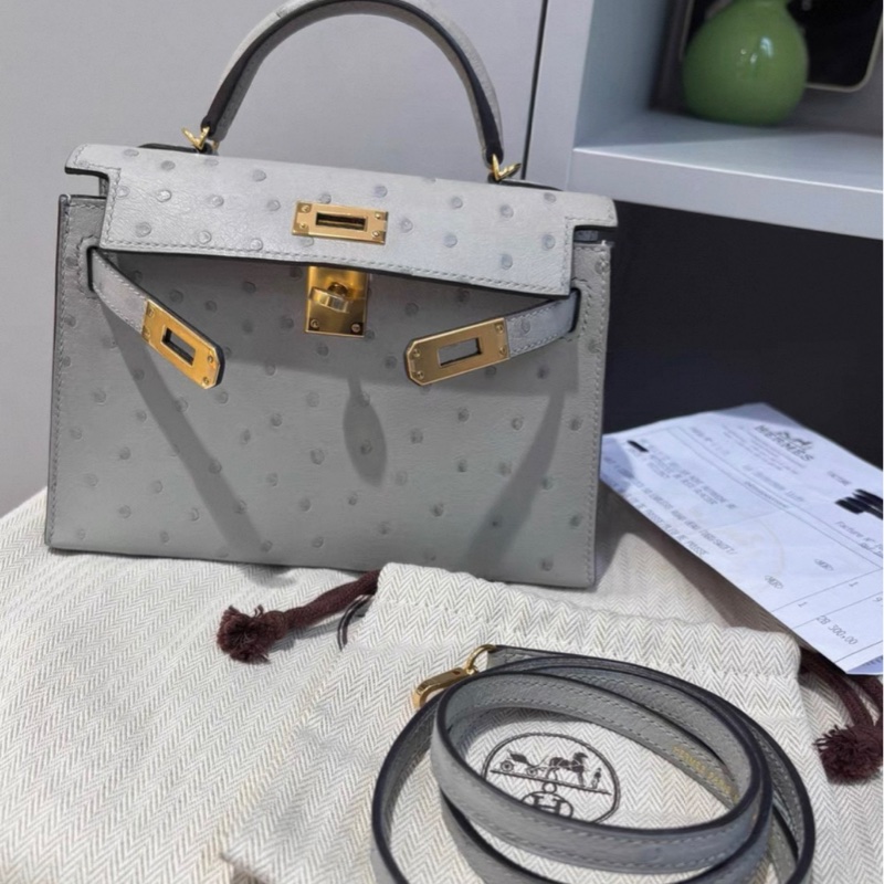 有購證🩷 Hermes 8U 鴕鳥皮 mini Kelly二代 金扣 原膜 Y刻 有票據-0