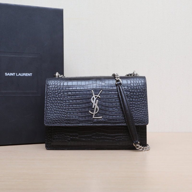 SAINT LAURENT SUNSET日落包中號22鱷魚壓紋黑色牛皮銀扣肩背包-0
