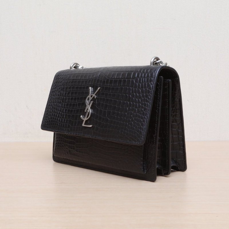SAINT LAURENT SUNSET日落包中號22鱷魚壓紋黑色牛皮銀扣肩背包-4