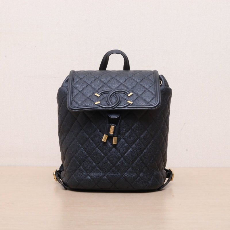 CHANEL VanityCase雙肩包22黑色荔枝牛皮25開金扣雙C大LOGO菱格紋肩背包-1