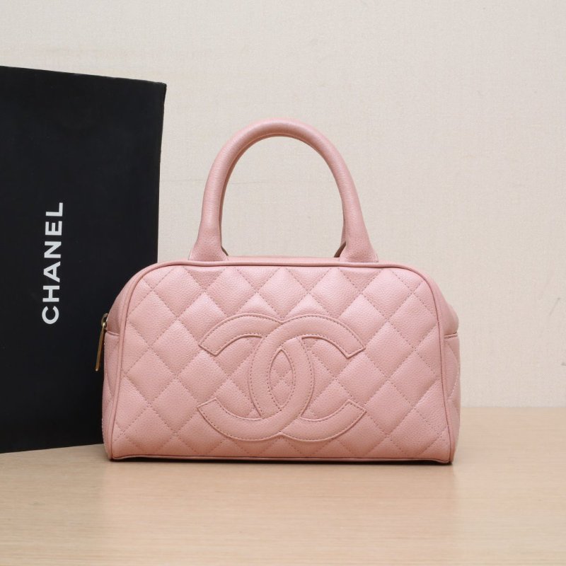 CHANEL 中古保齡球手提包粉色荔枝牛皮8開金扣肩背包-0