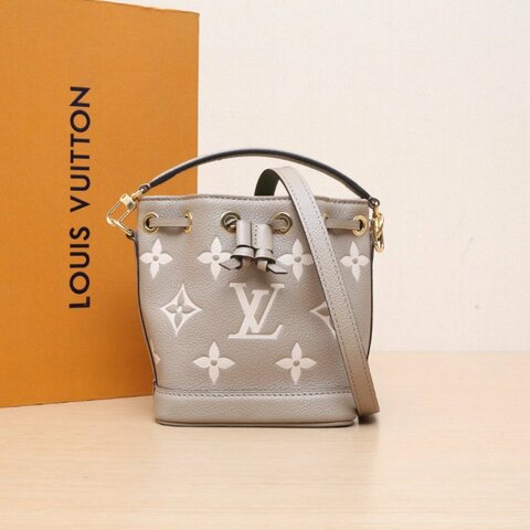 LOUIS VUITTON NOÉ水桶包Nano13可拆卸肩帶大象灰牛皮金扣晶片老花壓紋肩背包