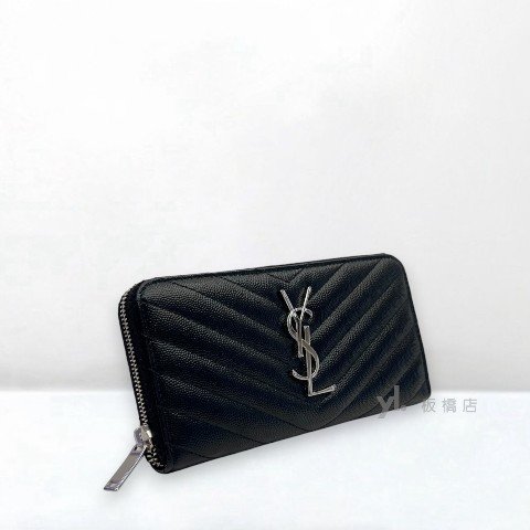YSL皮夾 黑荔枝皮山形紋銀扣拉鏈長夾-1
