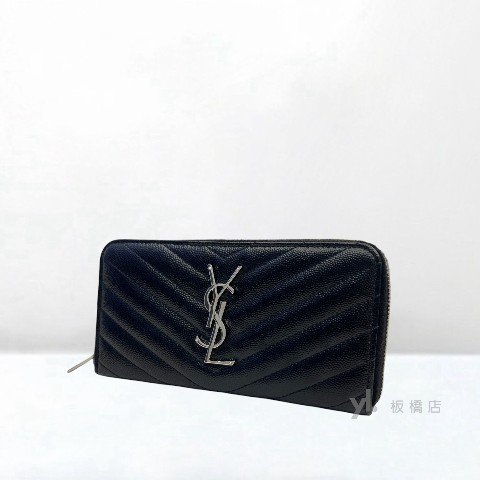 YSL皮夾 黑荔枝皮山形紋銀扣拉鏈長夾-2