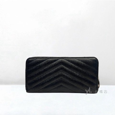 YSL皮夾 黑荔枝皮山形紋銀扣拉鏈長夾-3