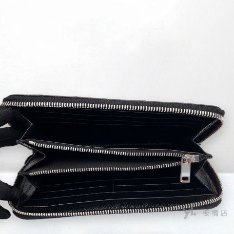 YSL皮夾 黑荔枝皮山形紋銀扣拉鏈長夾-5